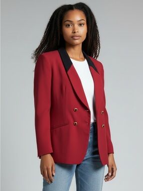 Vintage Preppy Kasper Double Breasted Red Blazer with Black Collar 8